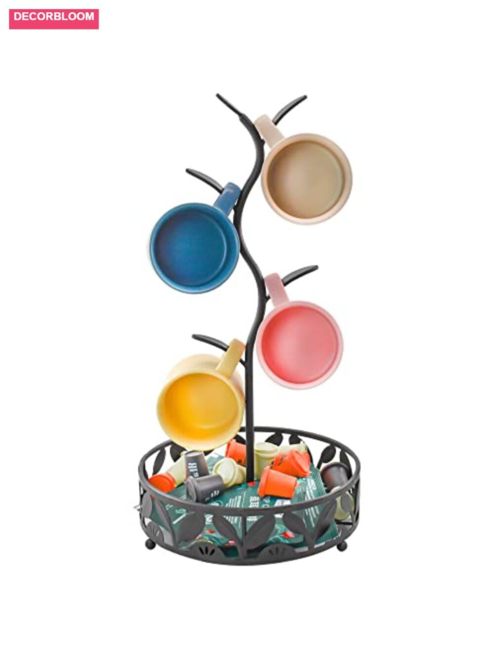 Steel Mug Tree Holder Stand with Coffee Pod Basket for Countertop Kitchen